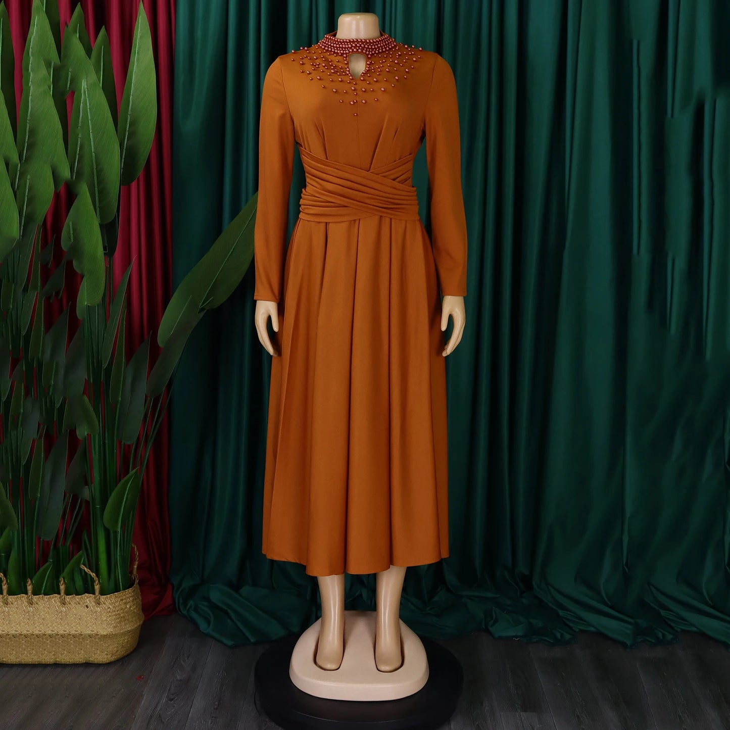 Dress Women Elegant Luxury Party Beaded Sashes Pleated Mid Calf A Line Female Birthday Dinner Celebrate Vestidos Mujer Dress New