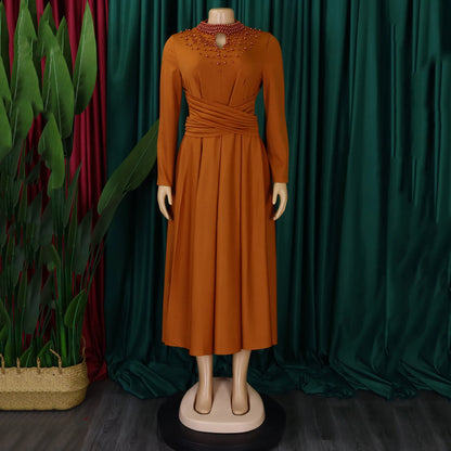 Dress Women Elegant Luxury Party Beaded Sashes Pleated Mid Calf A Line Female Birthday Dinner Celebrate Vestidos Mujer Dress New