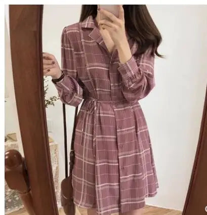 2023 Spring Summer Basic Dresses Hot Women Fashion Long Sleeve Cute Preppy Style Red Plaid Shirt Dress Bow Tie Vintage Dress