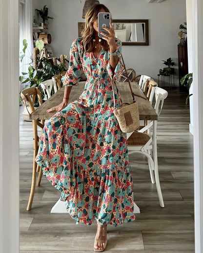 Elegant Women's Flower Long Dresses 2024 Spring New Bohemian Printed  Dress Abıye Kadın Abiye  Платье Robe Ete Femme Vestidos