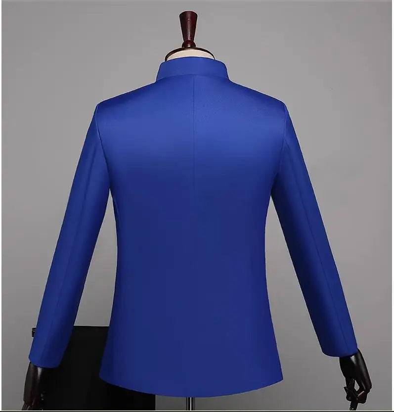New Men Standing Collar Embroidered Suit 2 Piece Fashion Male Business Social Wedding Prom Stage Performance Dress Blazer Pant