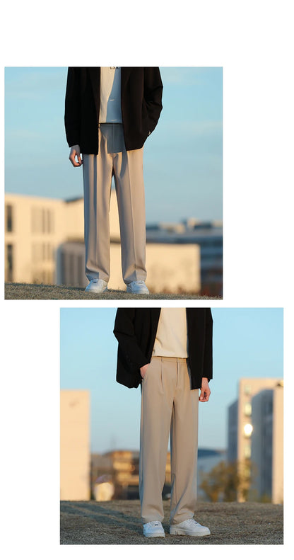 Spring Summer Men Suit Pants Wide Leg Long Drape Trousers Fashion Streetwear Clothing Solid Stretch Waist Oversize Pants Black