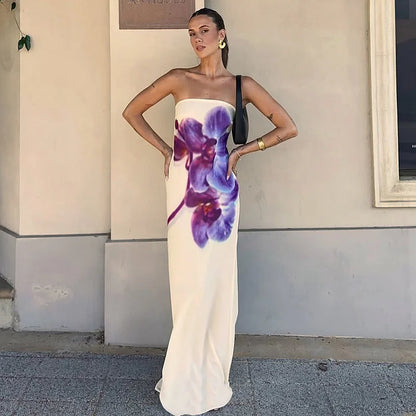 Spring/Summer Fashion Floral Print Bustier Dress Elegant Sleeveless Backless Loose A-Line Skirt Women's Casual Comfortable Dress