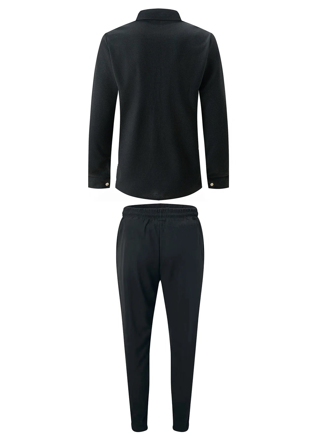 Spring and Autumn Men Waffle Solid Color Two-piece New Trend Lapel Long-sleeved Shirt and Trousers Casual Outdoor Sports Suit