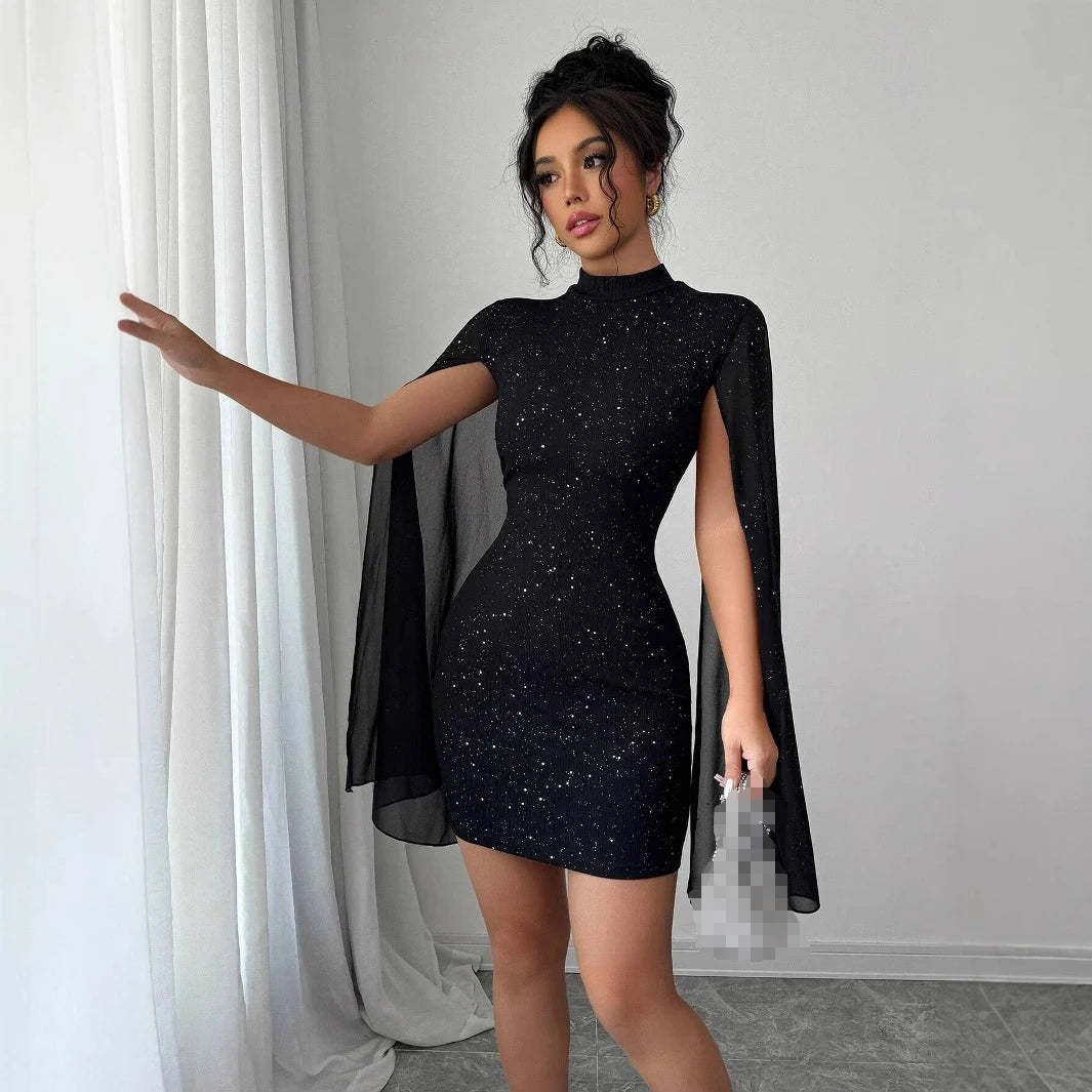 Spring New Party Tight Sexy Dress Women O Neck Solid Fashion Sequin Cape Mesh Women's Mini Skirt With Hip Wrap Dress Vestidos