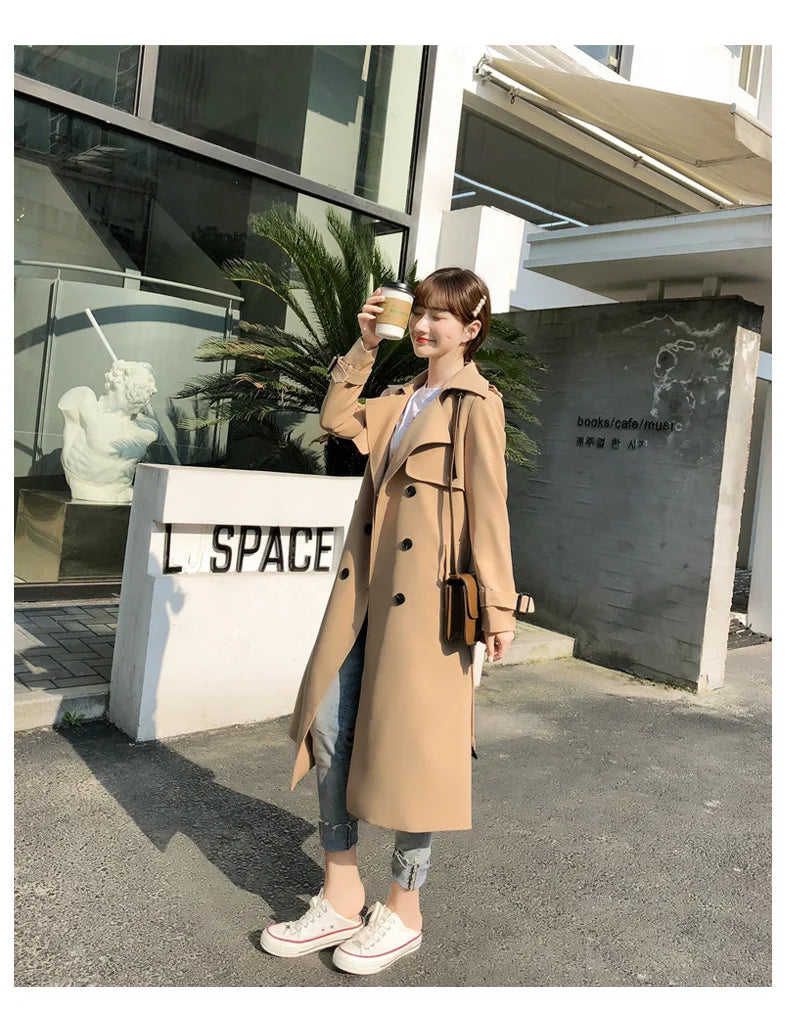 Women's Long Trench Coats V Neck Double-Breasted Windproof Jacket with Belt 2022 Fall Fashion Street Wear Size S-XL Dropshipping