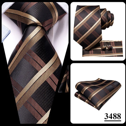 Hi-Tie Paisley Brown Tie For Men Elegant Mens Necktie Pocket Square Cufflink Groom Wedding Accessory Wholesale New Designer