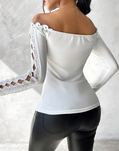 2023 Autumn Winter Spring New Fashion Casual Sexy Blouses Off Shoulder Hollow Out Lace Top Female Clothing TShirts Pullover Tops