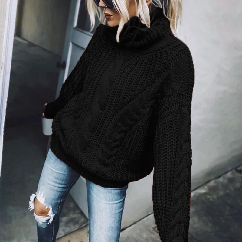Women Knit Sweaters Full Sleeve Turtleneck Pullover Jumpers Casual Solid Sweater Thick Splice Lady Vintage Winter 2024