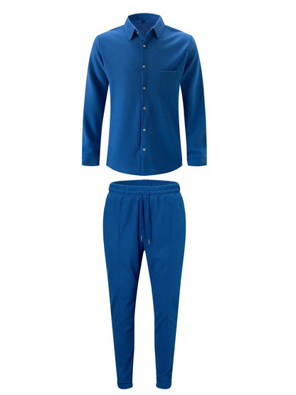 Spring and Autumn Men Waffle Solid Color Two-piece New Trend Lapel Long-sleeved Shirt and Trousers Casual Outdoor Sports Suit