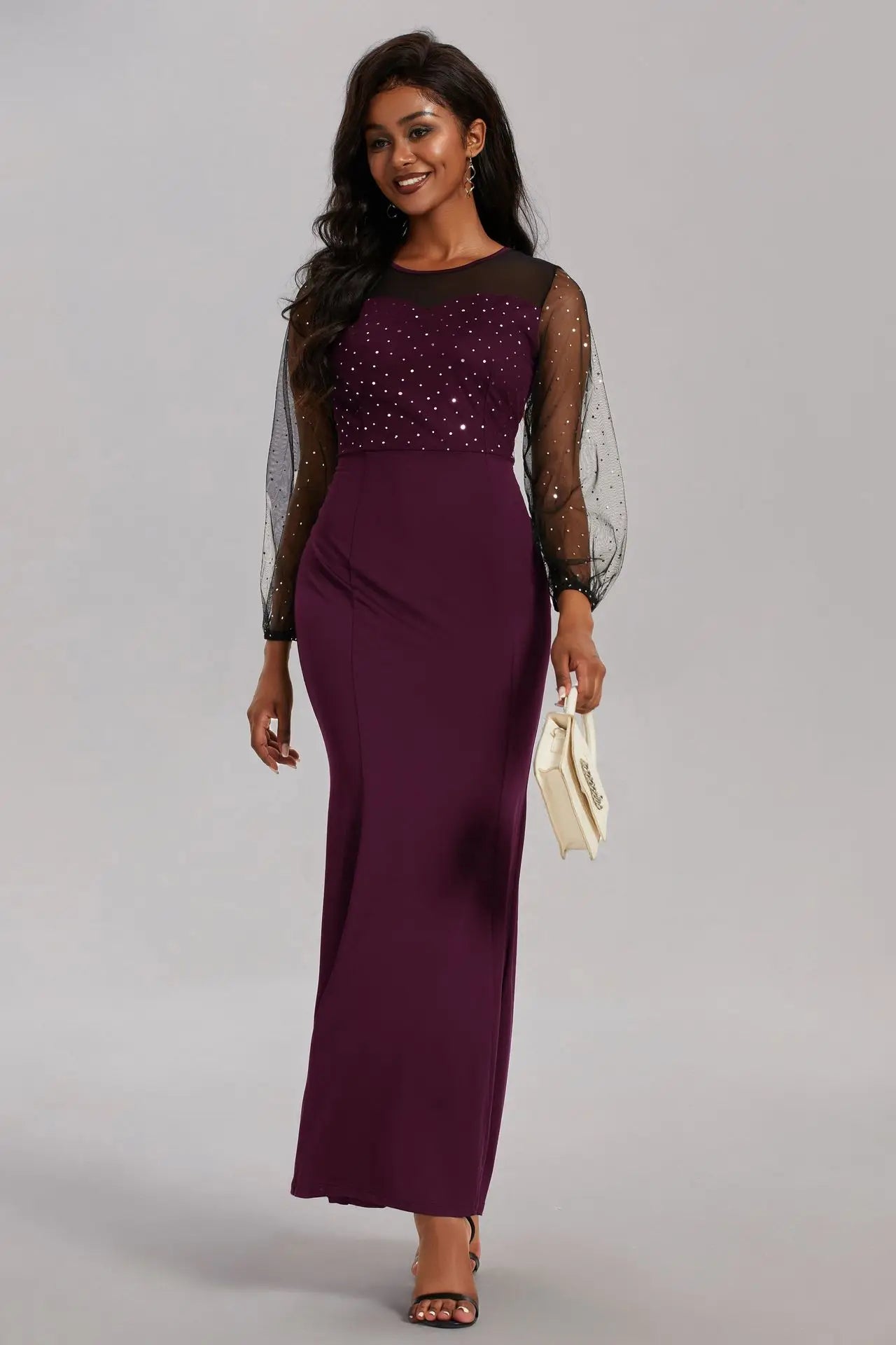 Mesh Patchwork Dress Womens Fashion Round Neck Long Sleeve Slim Elegant Dress Women