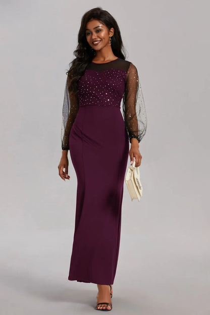Mesh Patchwork Dress Womens Fashion Round Neck Long Sleeve Slim Elegant Dress Women