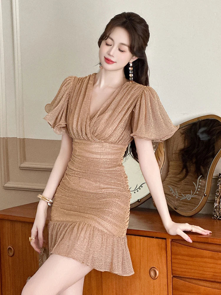 New Elegant Vintage Gold Bright Silk Evening Dress Women Clothes Ruffle V-Neck Folds Slim Short Party Birthday Vestidos Fiesta