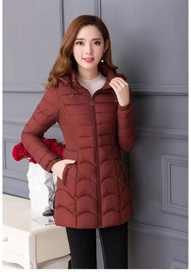 2024Fashion Middle Age Mother Slim Down Cotton Hooded Jacket Plus Size Casual Solid WarmThick Outwear Parka Winter Coat Women