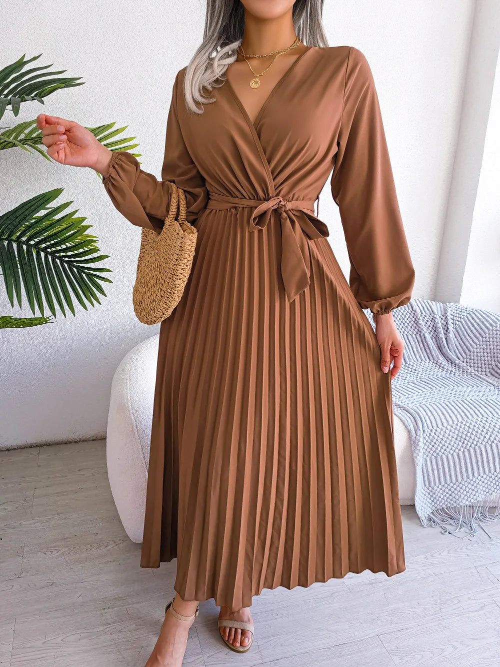 Women Elegant V Neck Long Sleeve Pleated Maxi Dress