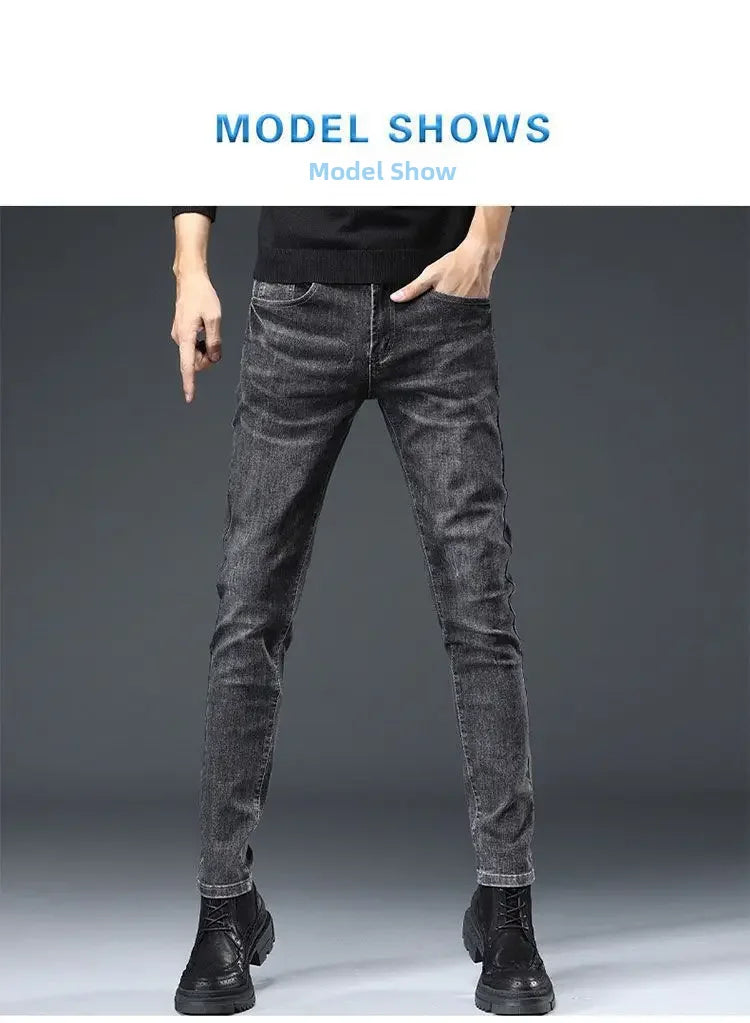 New Trendy Black Grey Jeans For Men Elastic Slim Fit Smooths Your Silhouette Casual Style Korean Version Versatile Long Pants