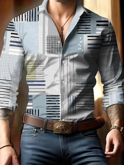 Men's shirt regular lapel shirt men's 3d printing triangle geometric printing casual street long sleeve fashion printed shirt