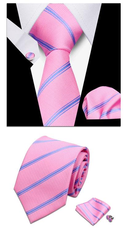 Classic Elegant Ties For Men Fashion Gifts Striped Solid Necktie Handchief Cufflink 3 Pcs Set Wedding Business Suit Accessories