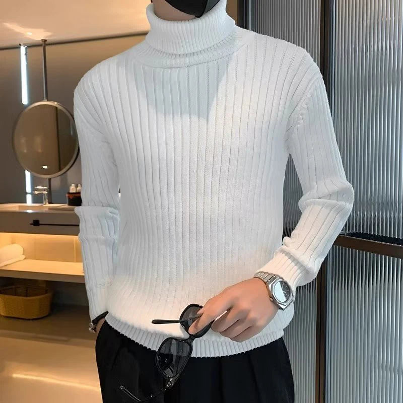 Men's Stylish Solid Thicken turndown Pullovers Thermal Winter Long Sleeve Sweater Vertical Stripes Design Knitted Sweaters Male