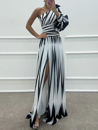 Spring Summer One Off Shoulder Fashion Party Dress, Women Printing Skew Collar Slim Maxi Dress, Long Sleeve Elegant Ladies Dress
