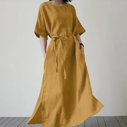 Spring Summer Women's Long Dresses Fashionable Split Hem Skirts Short Sleeves Casual Waistbands Cotton Linen Dresses For Women