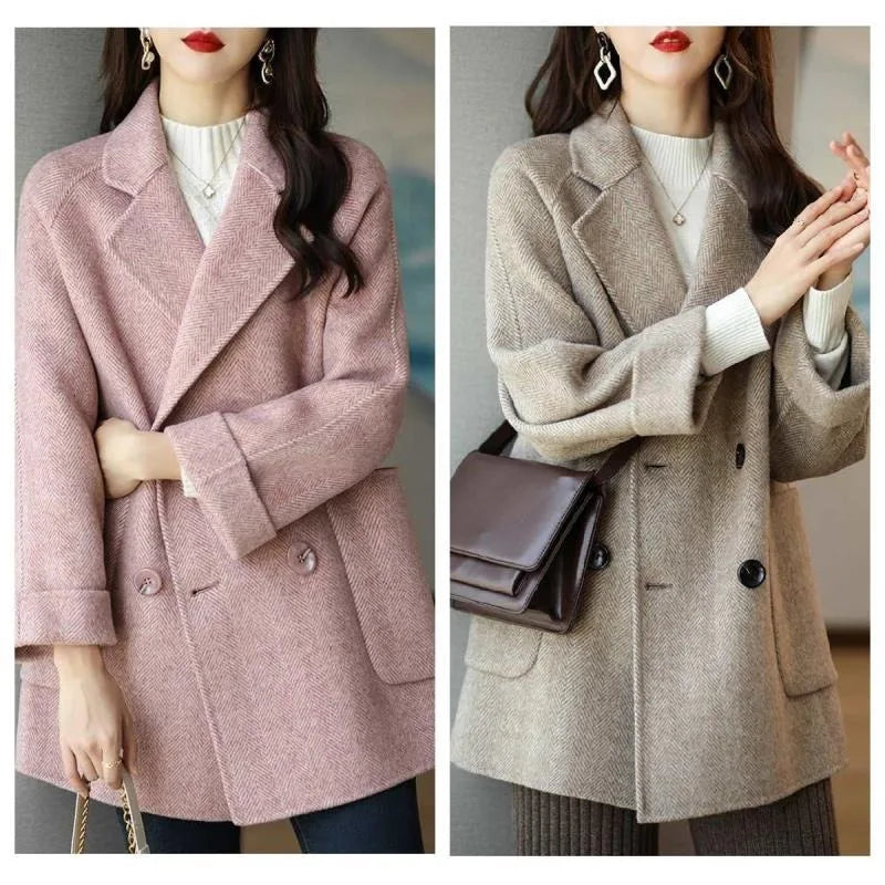 Basics Solid Pockets Coats Women Korean Style Basics Solid Turn-Down Collar Coat Casual Comfortable Loose Wool Autumn Winter
