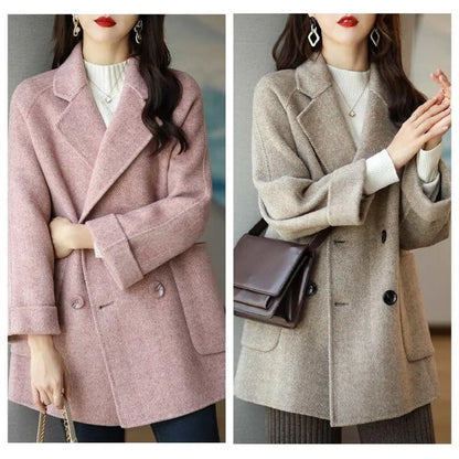 Basics Solid Pockets Coats Women Korean Style Basics Solid Turn-Down Collar Coat Casual Comfortable Loose Wool Autumn Winter