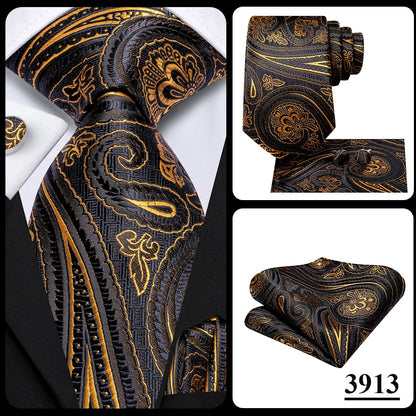 Hi-Tie Psialey Black Gold Silk Elegant Tie For Men Groom Wedding Men Necktie Pocket Square Cufflink Accessory Wholesale Designer