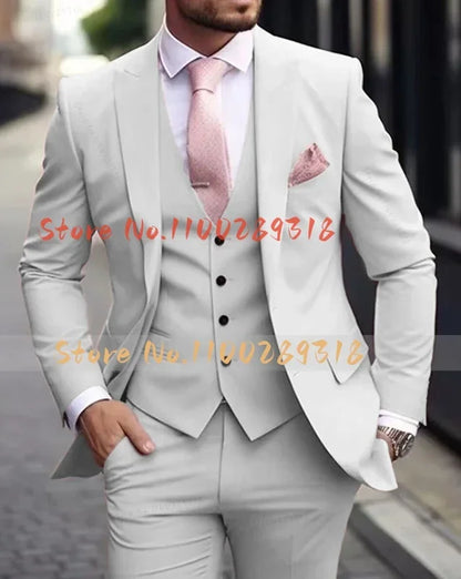 Pink Luxury Men's Suits Terno Formal Outfits 3 Piece Jacket Pants With Vest Slim Fit Luxury Costume Homme Formal Occasion Terno