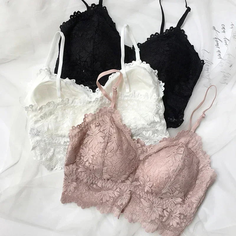 Sexy Underwear V-Neck Floral Lace Vest Sleeveless Crop Tops Wire Free Lingerie Casual Underwear Strap Padded Bras Strapless Bra