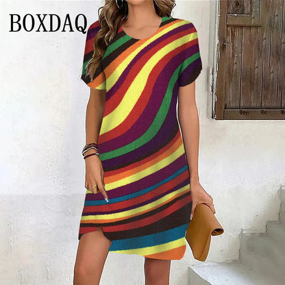 New Summer Fashion Gradient Rainbow Stripe Short Sleeve Dresses For Women 2024 Plus Size Casual O-Neck Print Loose Party Clothes