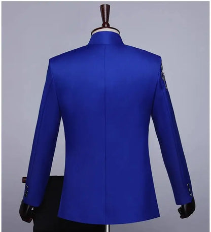 New Men Standing Collar Embroidered Suit 2 Piece Fashion Male Business Social Wedding Prom Stage Performance Dress Blazer Pant