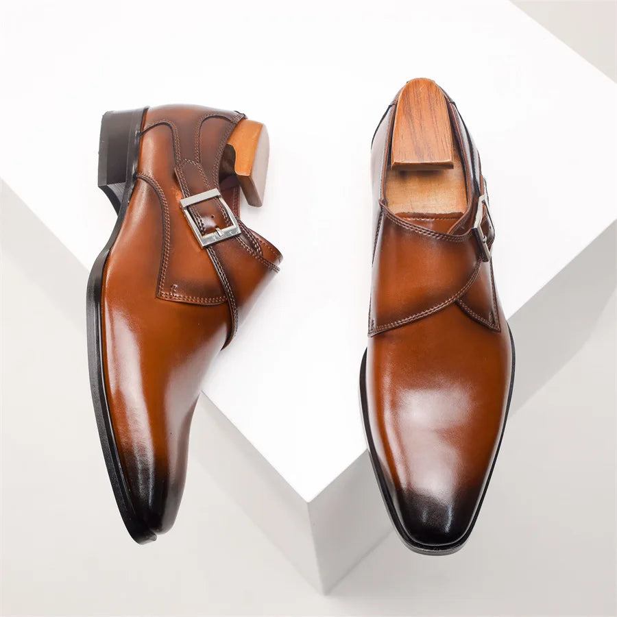 Newest Men's Cow Leather Shoes Buckle Pointed Dress Shoes Men Classic Business Formal Social Office Party Wedding Shoes