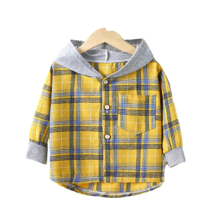 Children's Hooded Shirts Kids Clothes Baby Boys Plaid Shirts Coat for Spring Autumn Girls Long-Sleeve Jacket Bottoming Clothing