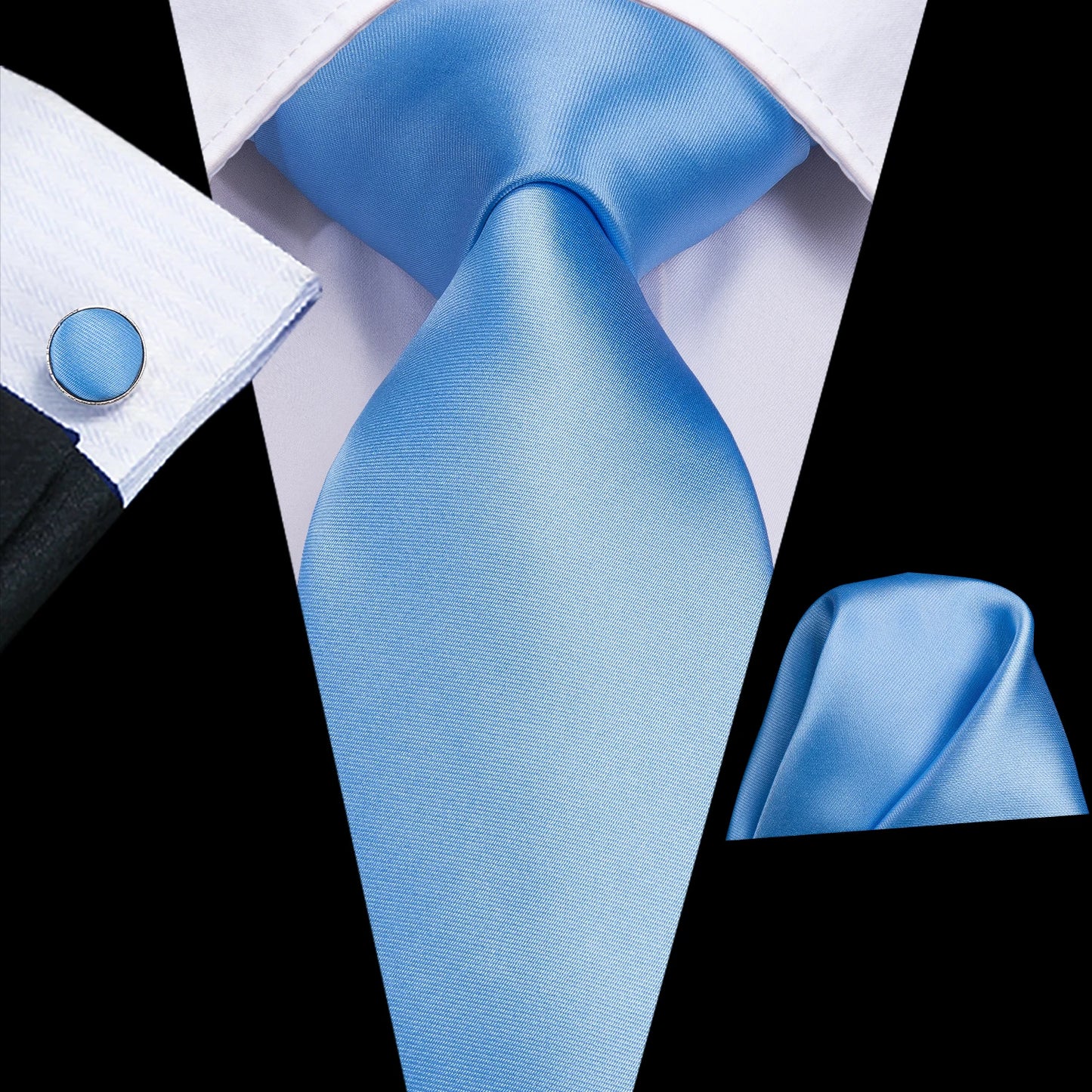 Hi-Tie Light Blue Solid Silk Wedding Nicktie For Men Hanky Cufflink Gift Men Tie Set Business Party Dropshipping Novelty Design