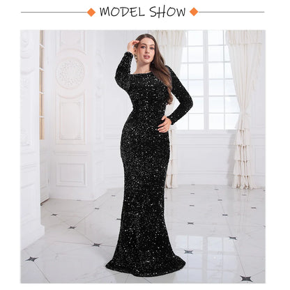 Romagic Elegant Women Modest Stretch Sequin Royal Blue Wedding Prom Gown Long Sleeves Mermaid Formal Evening Party Dress 2025