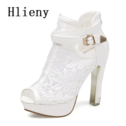 Hlieny Autumn Sexy Mesh Fabric Platform High Heels Boots Sandals Women Peep Toe Nightclub Party Stiletto Female Shoes