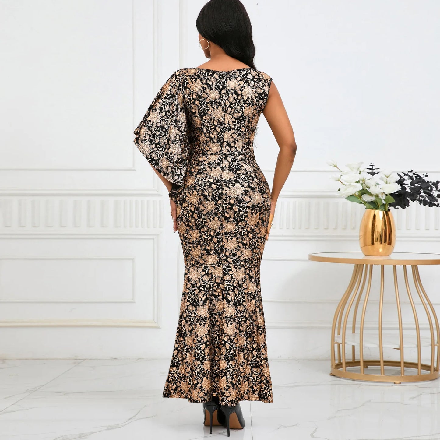 FairyShely 2024 One Shoulder Long Sleeve Plus Size Dress Sexy Women Print Large Big Dresses Lady Party Tight Curvy Sheath Dress