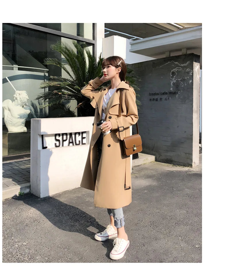 Women's Long Trench Coats V Neck Double-Breasted Windproof Jacket with Belt 2022 Fall Fashion Street Wear Size S-XL Dropshipping