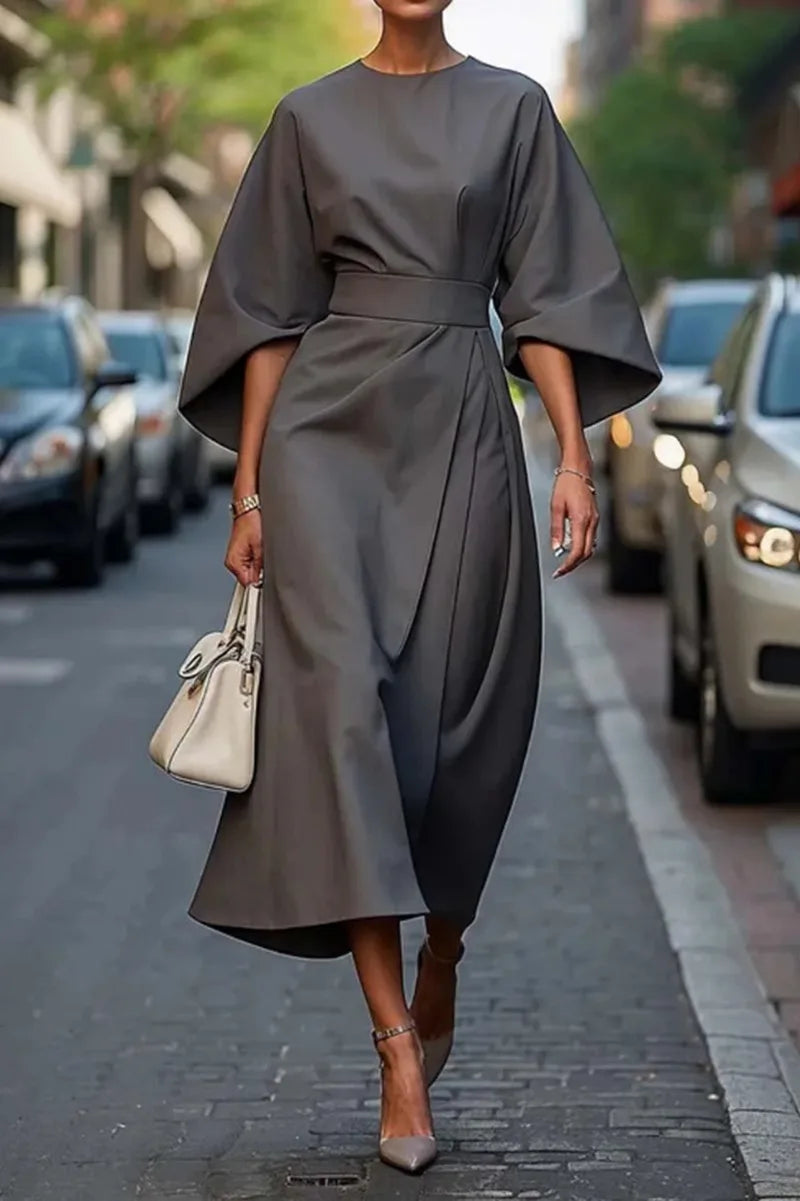 Spring Fashion Solid Color Dress Women Sexy Round Neck Bat Sleeve High Waist Dress Elegant Commuting Dresses for Women Summer