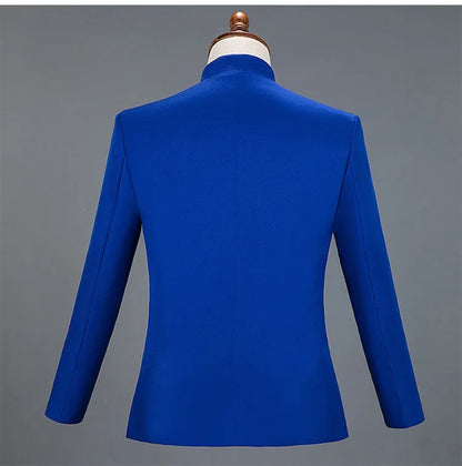 New Men Stand Collar Embroidery Suit 2 Piece Black / White / Red Fashion Male Stage Party Perform Blazer and Trousers