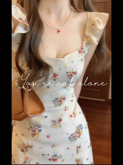 Women Summer Fashion Floral Print Ruffle Sweet Elegant Party Dresses Sexy Split Square Neck Sleeveless Slim Midi Dress Vestidos