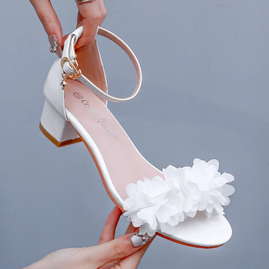 Flower Band Bridesmaide Shoes Woman Wedding High Heels Sandals Ankle Strap Wedges Cover Heeled Tacones Ladies Office Dress Pumps