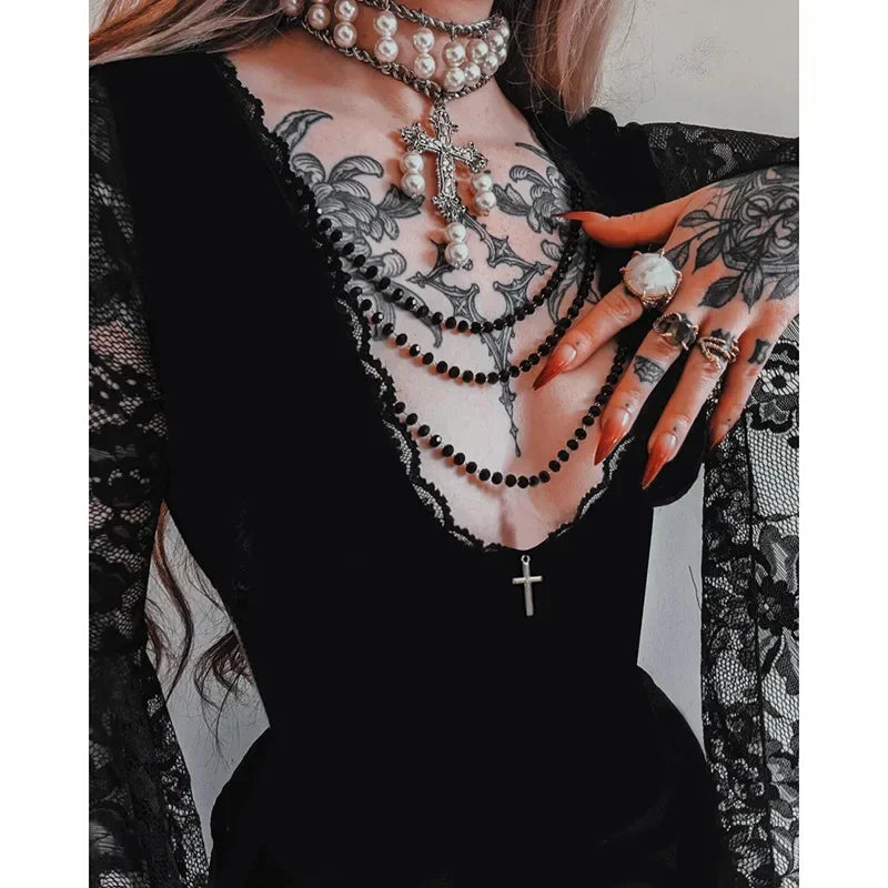 Y2K Goth Floral Lace Mesh Flared Sleeve Bodycon Party Dresses Sexy Vintage Elegant Black Velvet V-Neck Long Dress Partywear