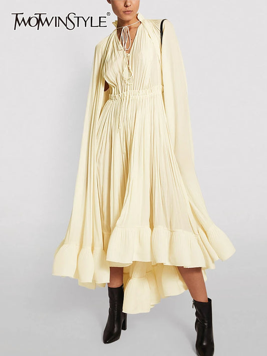 TWOTWINSTYLE Elegant Solid Dresses For Women V Neck Cloak Sleeves High Waist Spliced Lace Up Ruffles Pleated Dress Female Summer