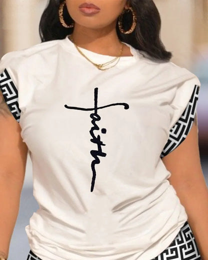 Two Piece Short Sets Print Letter Round  Neck T Shirts High Waist Pants Splice Tops Pullover Summer Ladies Beach Style