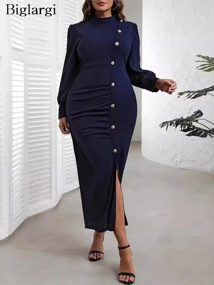 Plus Size Autumn Long Split Dress Women Ruffle Pleated Fashion Slim High Waist Bodycon Ladies Dresses Long Sleeve Woman Dress