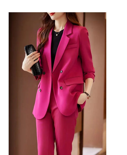Two-Piece Suit Set in Raspberry Casual Sle for Women Long Sve Profional Pantsuit Polyester Fiber 00%