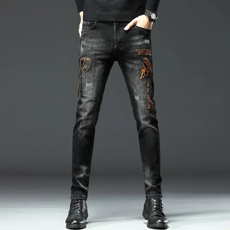 Trendy Black Embroidered Jeans For Men Casual Comfortable Slim Fit Printed Flexible Small Footwear Youth Fashion