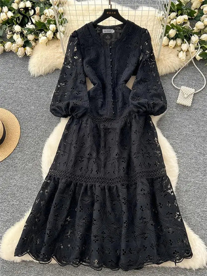 Spring French Vacation Fashion Dress Women Buttons Hook Flower Hollow Out Design 2025 High Quality Lace Ruffles Long Dress